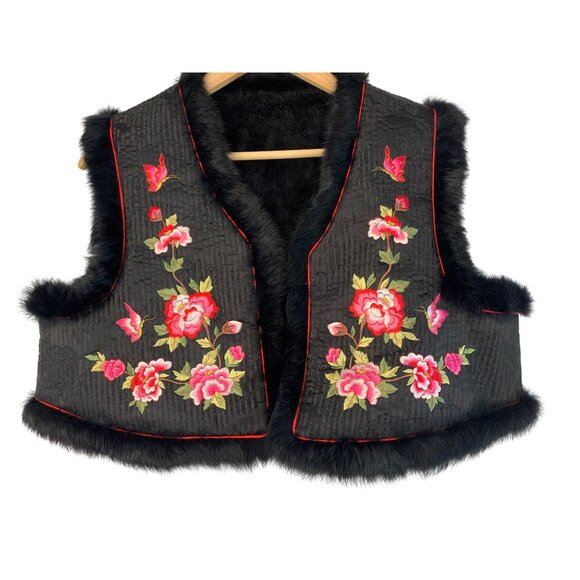 Handmade Vest Reversible M Embroidered Fur Trim Quilted RHH10571 BOHO Open Crop - Picture 1 of 11